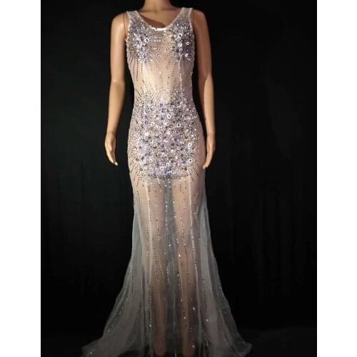 Women New Sparkly Colorful Rhinestones Perspective Dress Celebrate See Through Mesh Dress Rhinestones Costume Evening Net Dress