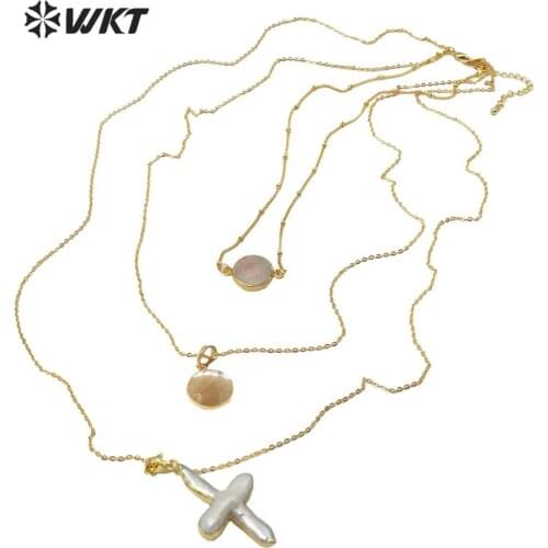 WT-JN109 WKT Natural Pearl Necklace Cross Shape Pearl & Round Pendant Gold Electroplated Necklace Women Fashion Necklace Jewerly