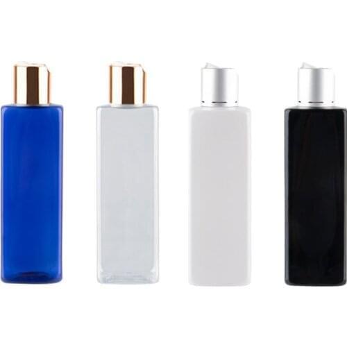 250ml 25pcs Plastic Cosmetic Container For Liquid Soap Shower Gel Shampoo Colored Travel Bottle Gold Disc Cap PET Square Bottle