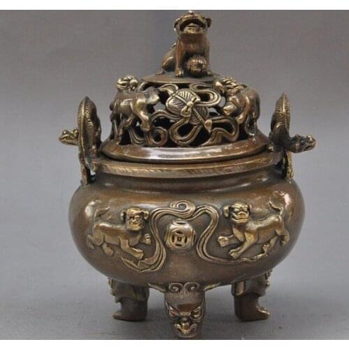 6"marked chinese bronze fengshui Foo Dog lion beast statue incense burner Censer