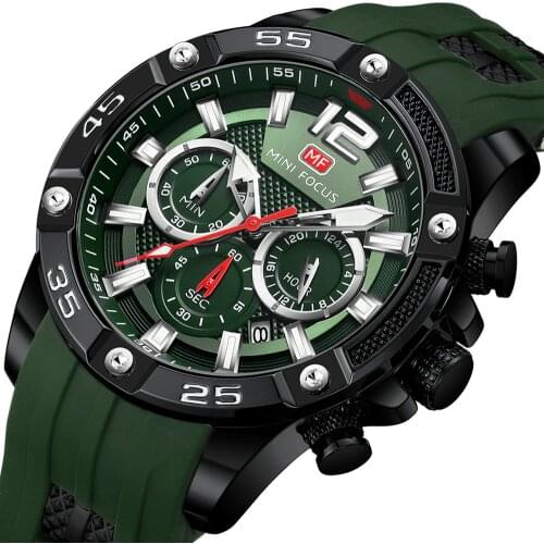 MINI FOCUS Luxury Brand Mens Wristwatch Quartz Watch Men Waterproof Green Silicone Strap Fashion Reloj Hombre Relogio Masculino