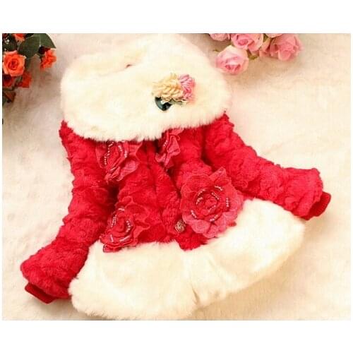 Childrens Faux Fur Coat Rabbit Fur Princess outerwear Jacket Winter Outerwear Thickening peony flower Pattern Girls Fur Coat