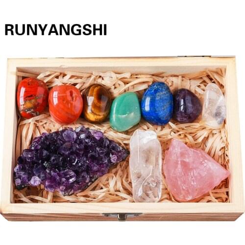 Drop shipping Natural Crystal 7 chakras Treatment Stone Amethyst cluster Collect Ore mark With Wooden Box