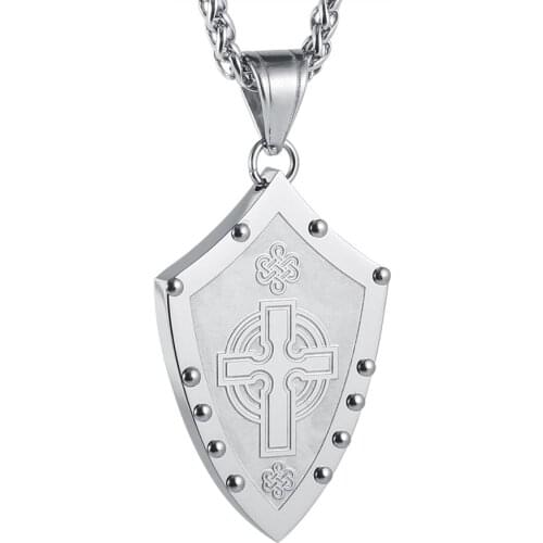HZMAN Mens Warriors Medieval Shield Celtic Knot Irish Cross Stainless Steel Pendant Necklace Silver/Gold