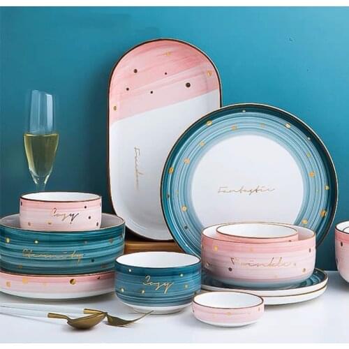 Nordic Style Ceramic Tableware Set with Dip Dish Cereals Bowl Dessert Plate Steak Plate for Party Gift Plates and Bowls Set