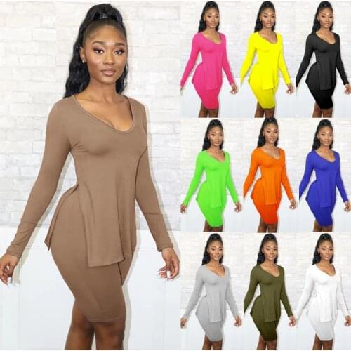 Neon Color Womens Tracksuit Two Piece Outfits Long Sleeve Side High Split Tops and Workout Biker Shorts Streetwear Sport Suits