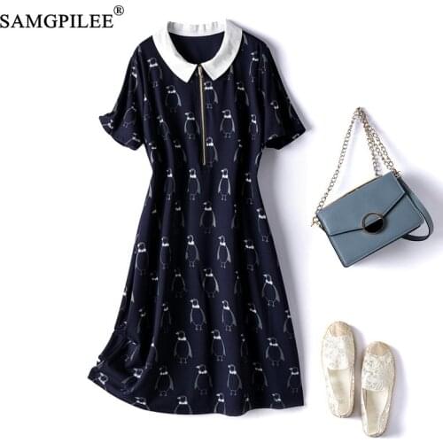 Summer Clothes For Women 2021 New Casual Fashionable Penguin Figure Turn Down Collar Stretch Short Sleeve Knee Length Dresses