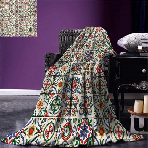 Moroccan Throw Colorful Azulejo Pattern Portuguese Ornamental Abstract Floral Arrangements Leaves Warm Microfiber Blanket