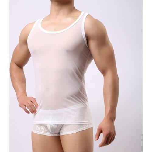 Slim Men Undershirt Muscle Vest Quick Dry Transparent Nylon Summer T Shirts Mesh Men Undershirt Sleeveless Sleepwear Underwear