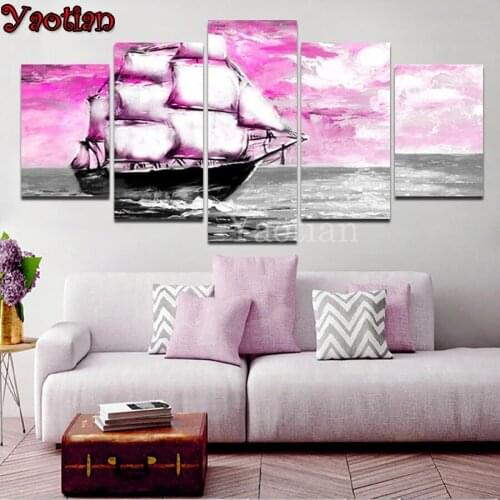 Multi-Picture 5d Diamond painting Sailboat Sea Landscape 5 Piece Puzzle Pictures Diamond Mosaic Christmas Decor For Home