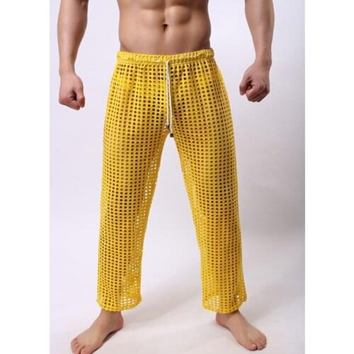 Mens Mesh Sheer Sleep Pants See Through Bottoms Pajama Home Casual Trousers Loose Lounge Fishnet Pants Sexy Fashion