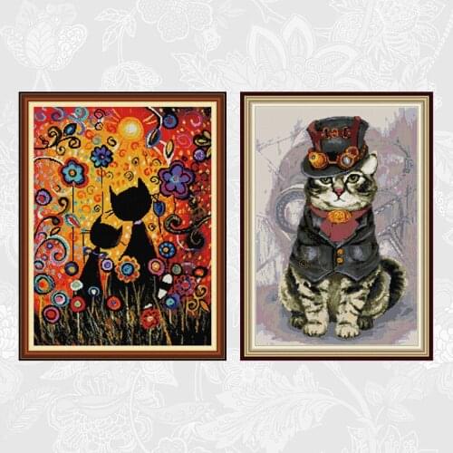 Mighty Cat Cross Stitch kits, Animal Printed Canvas Embroidery Needlework Set, Gouache Cat DIY Handmade Cross-stitch Crafts