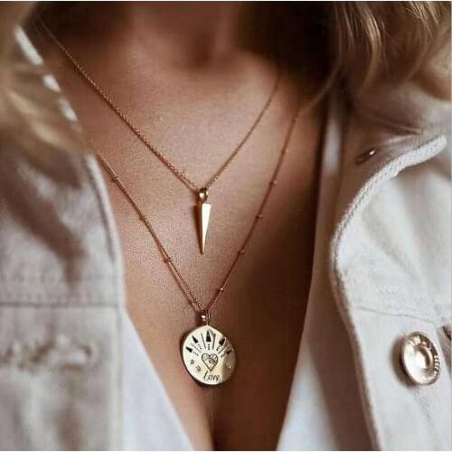 2020 New Vintage Round Rivet Shape Pendant Necklaces for Women Wild Golden Color Double Necklace Female Jewelry Accessories