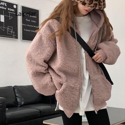 Autumn and Winter New Wool Lamb Cashmere Cardigan Sweater Womens Loose Hooded Zipper Top Harajuku One-piece Hat Warm Coat Women