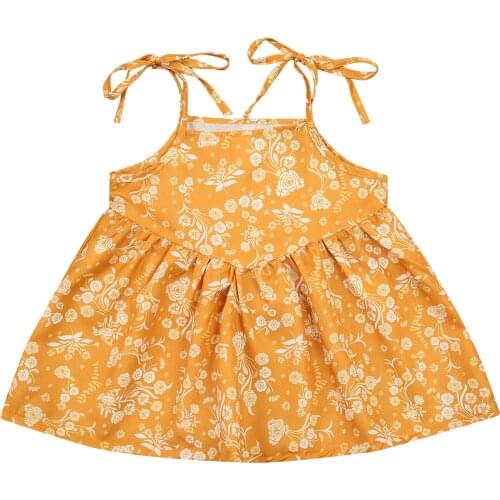 Infant Kids Baby Girls Casual Sleeveless Dress, Yellow Floral Printed Pattern Boat Neck Off-the-shoulder Gown 6M-6T
