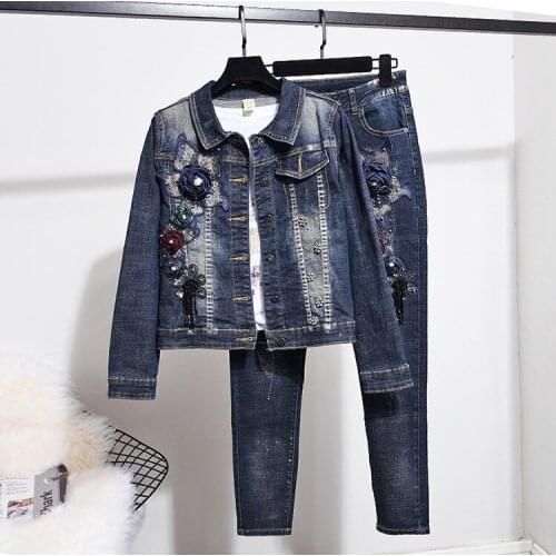 Chic women Denim jackets pantstuis Spring autumn embroidery jackets+Pencil Jeans two piece set D818