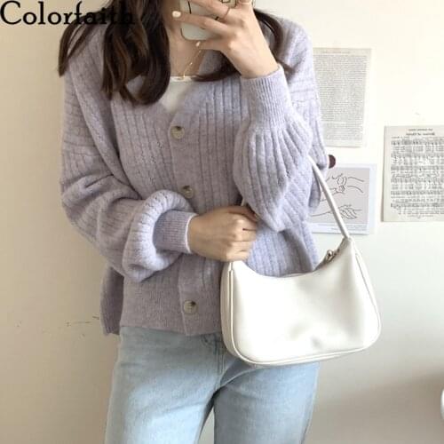Colorfaith New 2021 Autumn Winter Womens Sweaters V-Neck Buttons Cardigans Casual Fashionable Korean Ladies Knitwears SWC1602JX