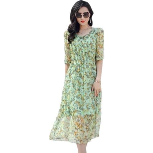 TML21442 New 2021 Womens Spring Clothing Elegant Floral Print Large Size Slim round Neck 100% Silk Dress for Women
