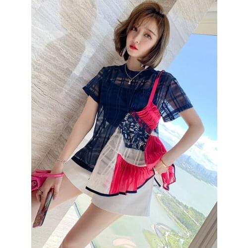 Top Quality Stitching perspective yarn Plaid top with sling+ A-Line Three piece shorts for summer