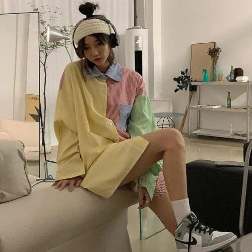 2020 Colorful Stripe Patchwork Blouse Women Korean Style Loose Long Sleeve Blouse Design Top Pocket Vintage Blouses Women Shirts