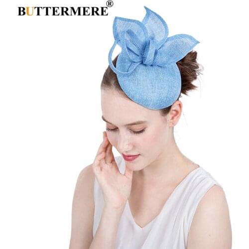 BUTTERMERE Women Fedora Blue Linen Bride Hats Female Elegant Wedding Party Vintage Pillbox Hat Ladies British Style Church Hats