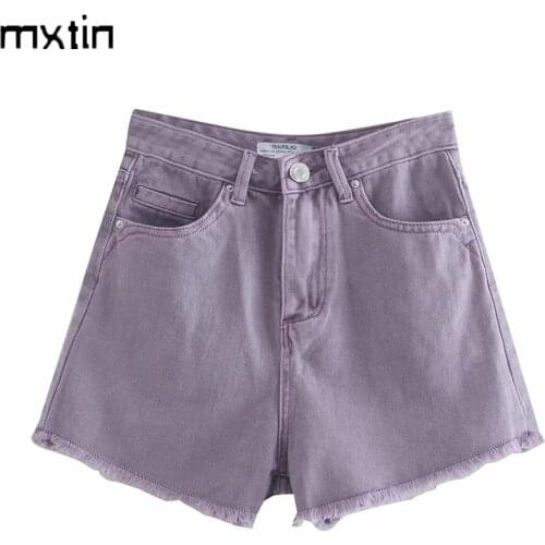 MXTIN 2021 Women Summer Vintage Pockets Frayed Hem Ripped Denim Shorts High Waist Zipper Fly 3 Colour Female Short Jeans Mujer