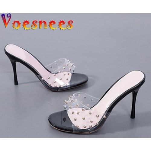 Voesnees Women Slippers Sexy PVC Transparent 8CM Stiletto Heel Sandals Tidal Cool Ladies Rivet High-Heel Shoes 2021 Summer New