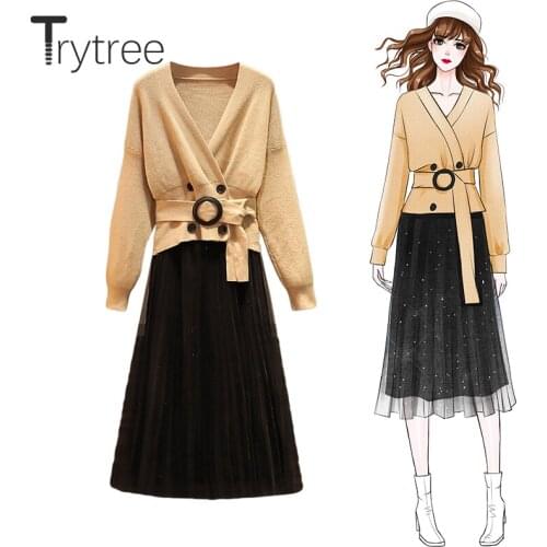 Trytree Autumn Winter Women Two Piece Set Casual V-neck Double Breasted Belt Tops + Skirt Voile Office Lady Mid-Calf 2 Piece Set