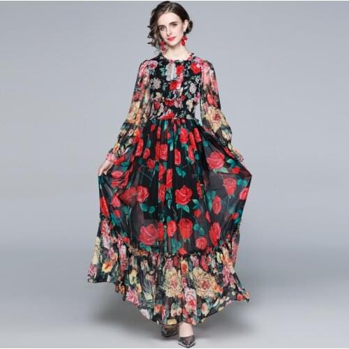 ZUOMAN Women Autumn Elegant Rose Print Dress Festa High Quality Long Maxi Party Robe Femme Vintage Designer Chiffon Vestidos
