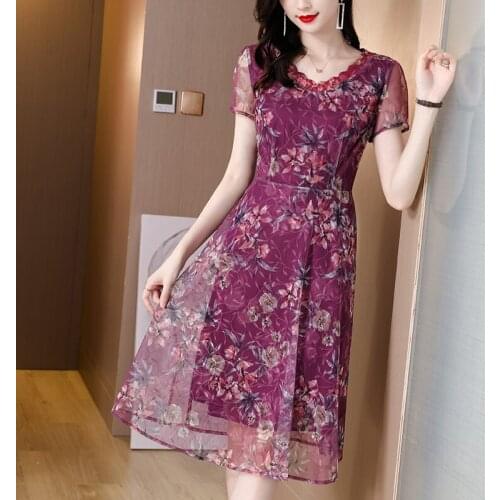 2021 Women 4XL Plus Size Chiffon Dress Summer Floral Mulberry Silk Vintage Beach Midi Dress Bodycon Elegant Print Party Vestidos