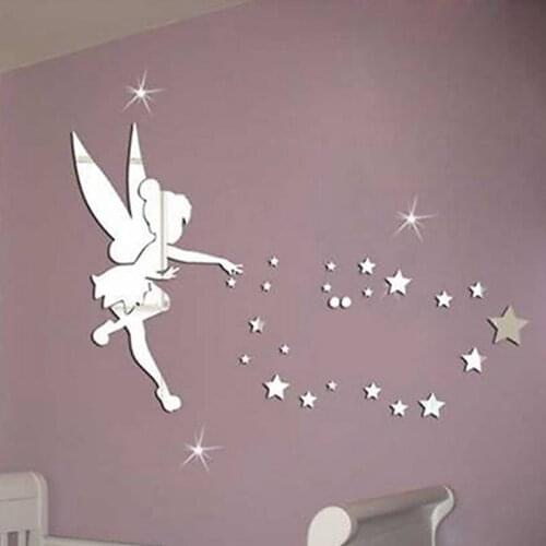 1 Set 3D Fairy Blown Star Plastic Mirror Wall For Girls Room Elf Sprinkles Stars Stickers Green Wall Home Decoration With
