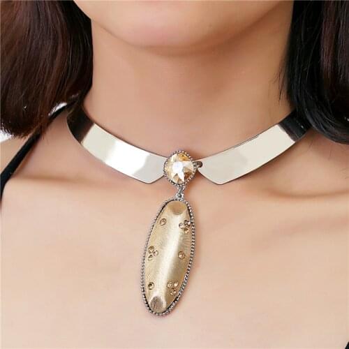 2018 Gold/Sliver Vintage Imitation OL Collar Necklace High quality Transparent Crystal&Alloy Tie shape Pendant Necklace Women