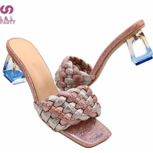 2021 Fashionable Special Design Transparent Heels Slipper in Orange Color Square Toe Shoes for Party