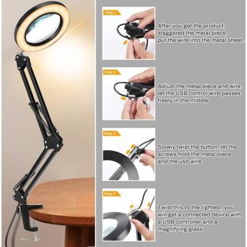 5XUSB Foldable LED Magnifying Glass Table Lamp Clip-on Flexible Desktop Magnifier Loupe for Repair Reading Rework Soldering