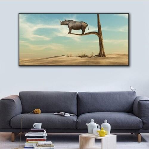 Abstract Animals Canvas Painting Rhino Elephant Standing on The Tree Wall Art Decor Living Room Posters No Frame