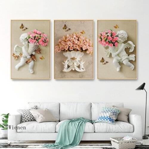 White Angel Stone Statue Pink Red Rose Canvas Painting Photo Flower Art Poster Print Wall Picturesliving Room Home Decoration