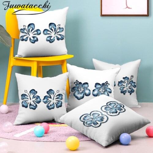 Fuwatacchi Blue Floral Photo Pillow Case Couple of Flower Printed Cushion Covers for Home Sofa Seat Decorative White Pillowcases