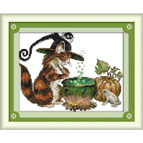 Joy Sunday Halloween Cat DIY Needlework 11CT 14CT Printed Counted Water Soluble Cloth Cross Stitch Kit for Home Decor and Gift