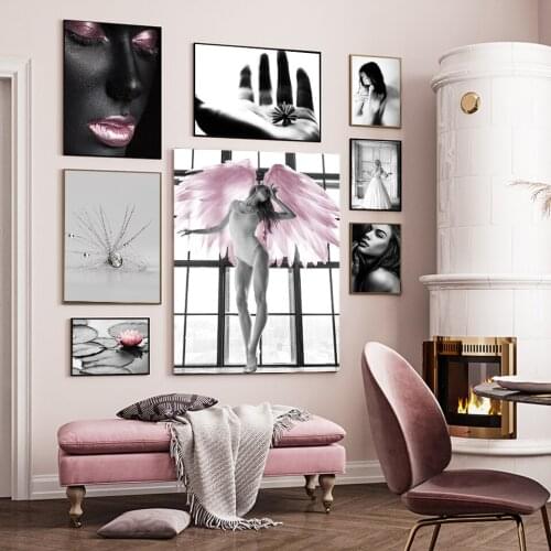 Pink Flower Angel Wing Picture Scandinavian Fashion Poster Nordic Print Wall Art Canvas Painting Modern Living Room Home Decor
