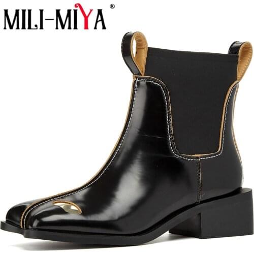 MILI-MIYA England Style Chelsea Ankle Boots Slip On Low Heels Genuine Leather Women Strange Shaped Toe Party Casual Shoes Black