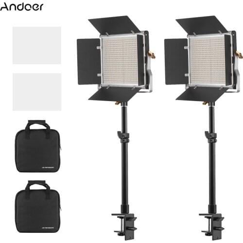 Andoer Desktop LED Video Light Kit Including Bi-color Fill Light 3200K-5600K 480pcs LED Beads with Barndoor + Metal Desk Mount