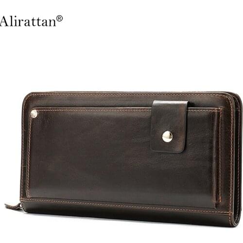 Alirattan New Genuine Leather Clutch For Men 2021 Fashion Design Luxury High Quality Vintage Cowhide ID Credit Card Pack Wallet