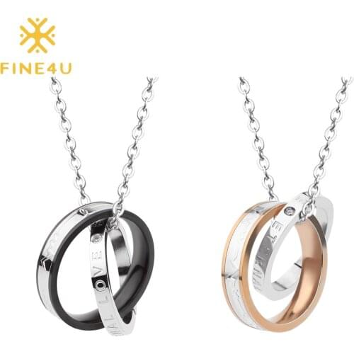 FINE4U N507 His & Hers Matching Set Stainless Steel Couples Engraved Double Circles Pendant Necklace For Lover Valentines Day