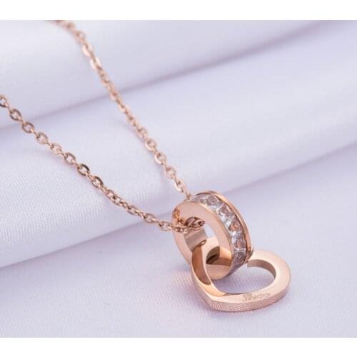 Titanium Steel Double Circle Love Cubic Zirconia Necklace Classic Rose Gold Wedding Necklaces For Women Christmas Gifts ZN17063