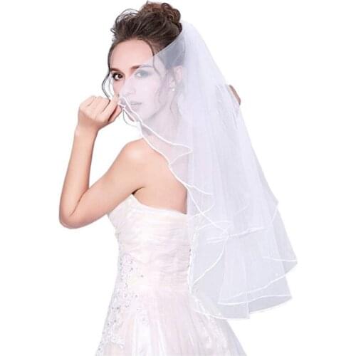 Women Pearl Bridal Veils Wedding Dress Veil Layers Tulle Ribbon Edge Wedding Accessories