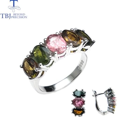 TBJ,natural fancy color tourmaline clasp rings and earrings set simple design gemstone 925 silver for girls with gift box