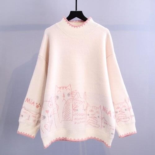 Womens Sweaters Autumn Winter Thick Knit Outerwear Pullovers Cute Girls Loose Comics Turtleneck Long Sleeve White Black Sweater