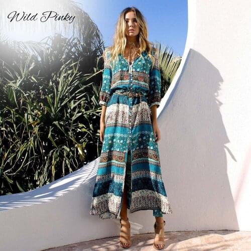 WildPinky Women Long Maxi Dress Bohemia V-neck Three Quarter Sleeve Floral Print Ethnic Summer Beach Female Split Dress Vestidos