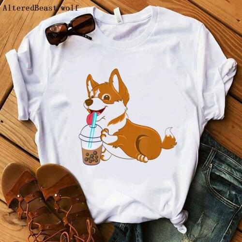 2020 Boba Tea Corgi Women T-shirt Fashion Harajuku Kawaii Cartoon Dog Summer Women O-neck T shirt 90s Graphic Tops Tshirt Female