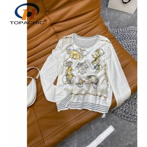8.24 High End Quality Comfortable Vintage Silk Print Tee Women O-Neck Spliced Long Sleeve Knit Wool Pullover Female